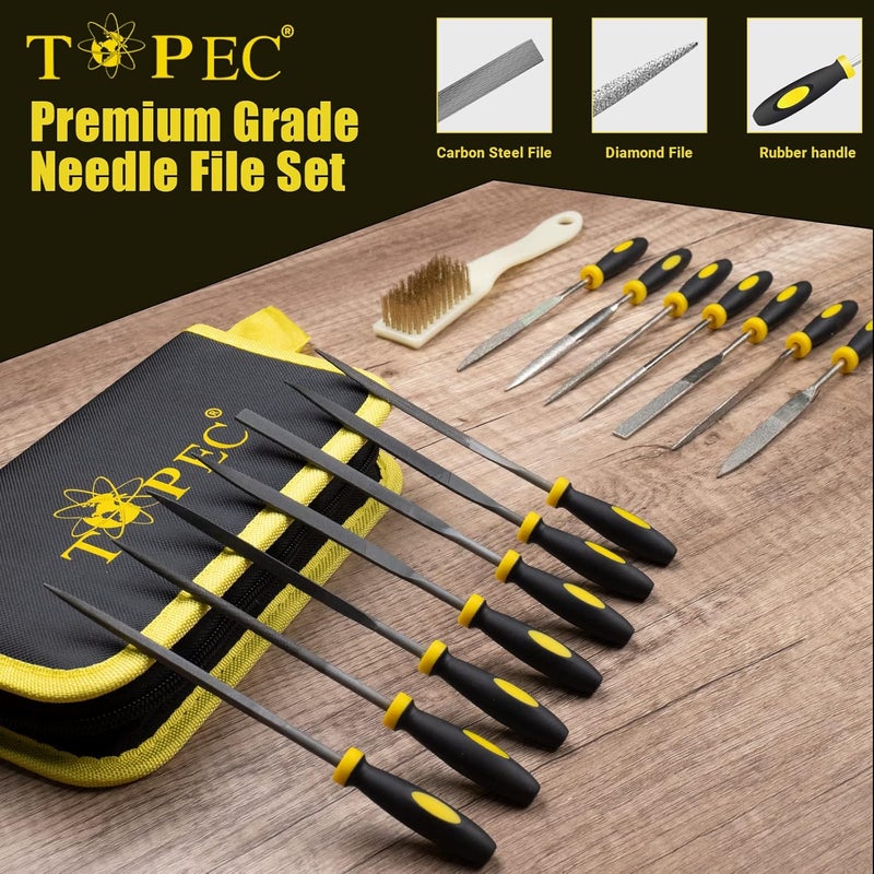 Topec Small File Set, Needle Diamond Files 15PCS, 7pcs Jewlers Files & 7pcs Steel Files with Metal Brush and Storage Bag，for Precision Metal File Work, Wood, Jewelry, Plastic, DIY Carving Tool Kit - Image 4